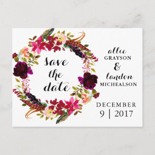 Carte Postale Faire-part Aquarelle florale bourguignonne Enregistrer la dat