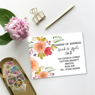 Carte Postale Faire-part Aquarelle Florale Changement d'adresse orange roug