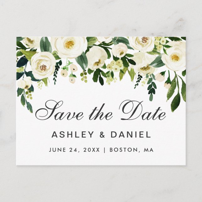 Carte Postale Faire-part Aquarelle Florale Vert Blanc Save The Date (Devant)