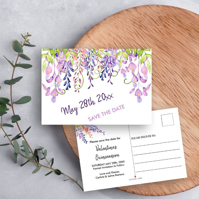 Carte Postale Faire-part Aquarelle Florale Wisteria Violet Fêter les Réserv (Save the Date Postcard from my Purple Wisteria Quinceanera Collection
)