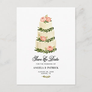 Carte Postale Faire-part Aquarelle Gâteau Rustique Tirée Enregistrer La Dat