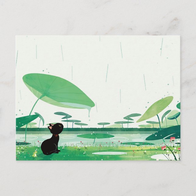 Carte Postale Faire-part Aquarelle Grenouille de chat dans la pluie (Devant)