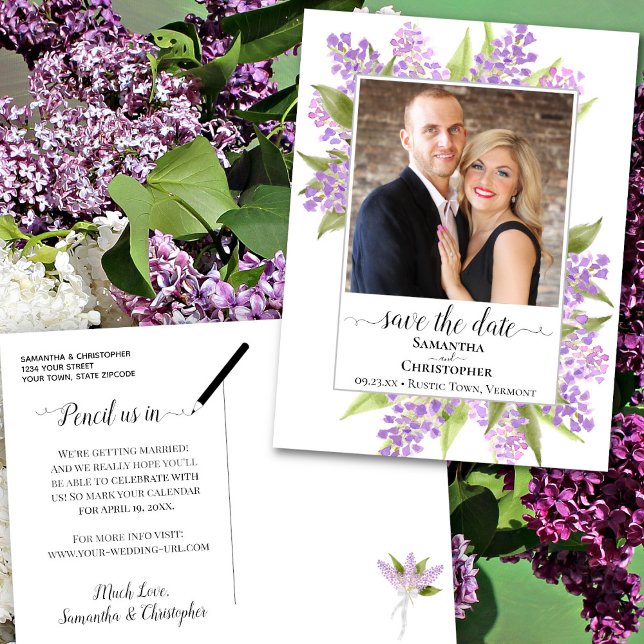 Carte Postale Faire-part Aquarelle Lilacs Mariage Enregistrer la date Photo (Front/Back)