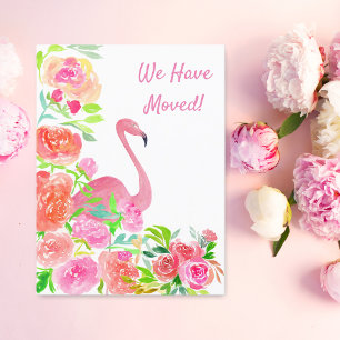 Carte Postale Faire-part Aquarelle Nous avons déménagé Adresse Flamingo