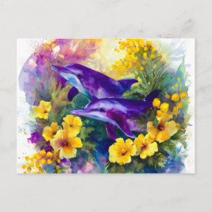 Carte Postale Faire-part Aquarelle Océan Dauphins Fleurs Tropicales