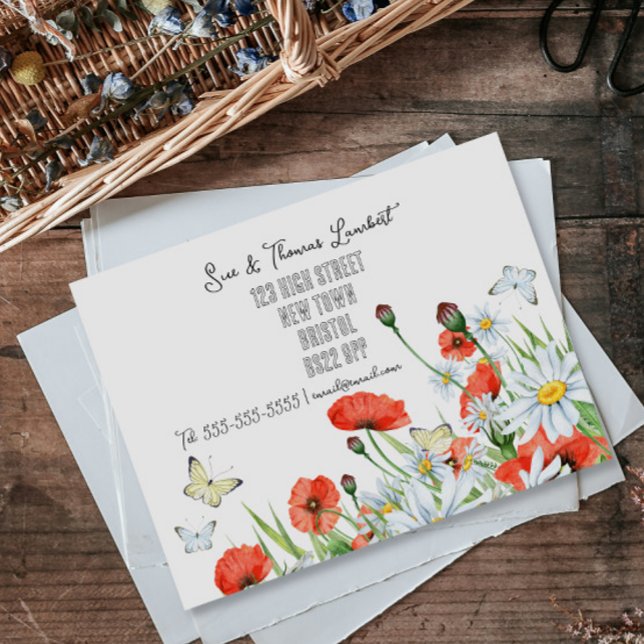 Carte Postale Faire-part aquarelle pavot marguerite changement d'adresse dé (Créateur téléchargé)