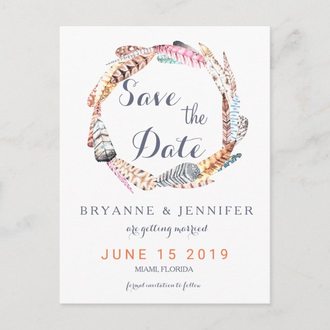 Carte Postale Faire-part Aquarelle Plumes Bohème rustique Enregistrer La Da (Devant)