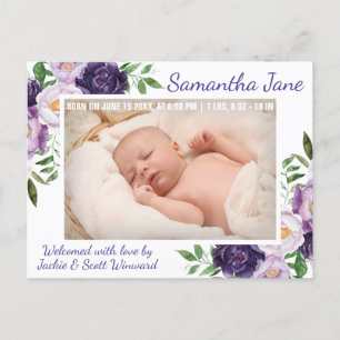 Carte Postale Faire-part Aquarelle Purple Fleurs de Printemps Bébé Naissanc