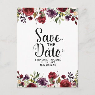 Carte Postale Faire-part Aquarelle romantique Bourgogne Rouge Blush Rose Fl