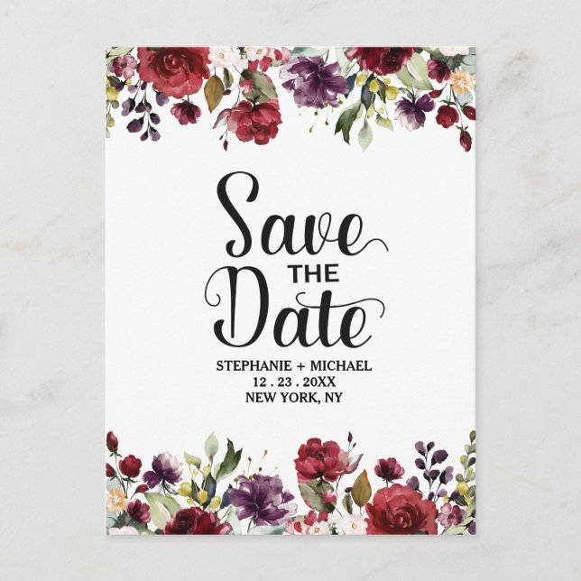 Carte Postale Faire-part Aquarelle romantique Bourgogne Rouge Blush Rose Fl (Devant)