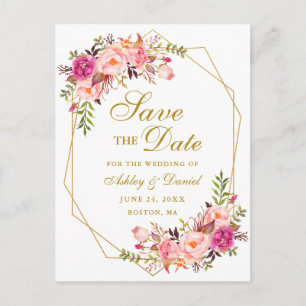 Carte Postale Faire-part Aquarelle rose Floral Gold Frame Enregistrer la da