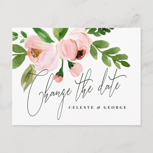Carte Postale Faire-part Aquarelle rose floral modifier la date mariage (Devant)