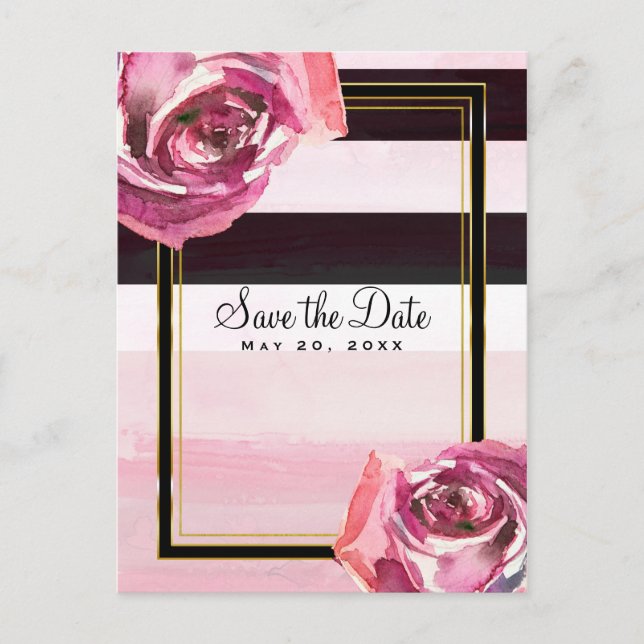 Carte Postale Faire-part Aquarelle rose Rose noir blanc Enregistrer la date (Devant)