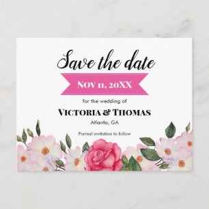 Carte Postale Faire-part Aquarelle Rose Roses Mariage Enregistrer La Date