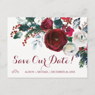 Carte Postale Faire-part Aquarelle rouge pivoines mariage d'hiver date de s