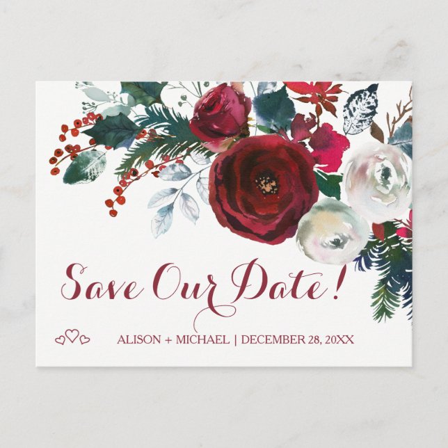 Carte Postale Faire-part Aquarelle rouge pivoines mariage d'hiver date de s (Devant)