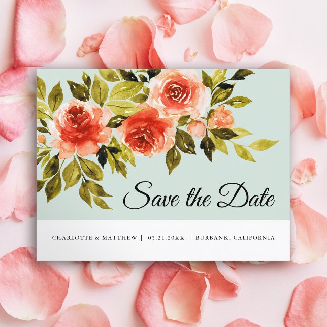 Carte Postale Faire-part Aquarelle Rouge Roses Botanique Enregistrer La Dat (Créateur téléchargé)