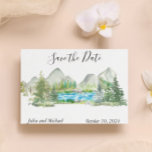 Carte Postale Faire-part Aquarelle Sauvez la date Mountain Forest River<br><div class="desc">Cette conception peut être personnalisée dans la zone fournie en modifiant la photo et/ou le texte. Vous pouvez également le customiser en cliquant sur Personnaliser ce Modèle, puis en choisissant l'option cliquer pour customiser et supprimer ou modifier la couleur de l'arrière - plan, ajouter du texte, modifier la couleur ou...</div>
