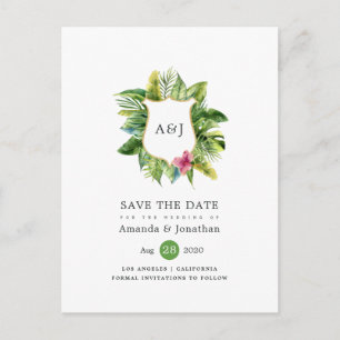 Carte Postale Faire-part Aquarelle Tropical Summer Beach Mariage Monogramme