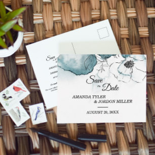 Carte Postale Faire-part Aquarelle turquoise Esquisse Mariage Enregistrer l
