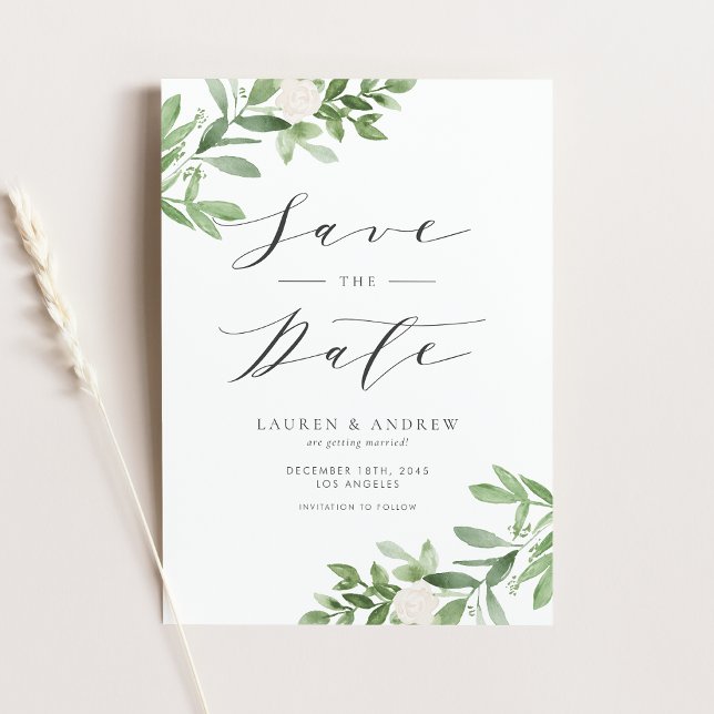 Carte Postale Faire-part Aquarelle Verdure et Fleur Blanche Enregistrer la  (Watercolor Greenery and White Flowers Save The Date Announcement Postcard)