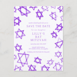 Carte Postale Faire-part Aquarelle violet étoile de David Bar Bat mitzvah
