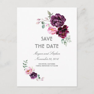 Carte Postale Faire-part Aquarelles Fleurs Violet Prune Enregistrer la Date