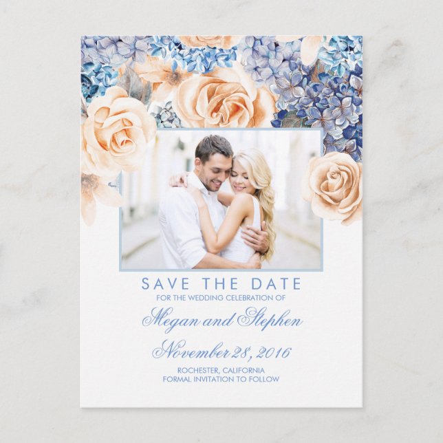 Carte Postale Faire-part Aquarelles florales bleu et bracelet Enregistrer l (Devant)