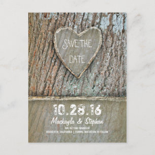 Carte Postale Faire-part Arbre à coeur sculpté rustique enregistrer la date