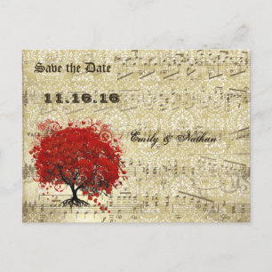 Carte Postale Faire-part Arbre à feuilles à cœur rouge, save the date