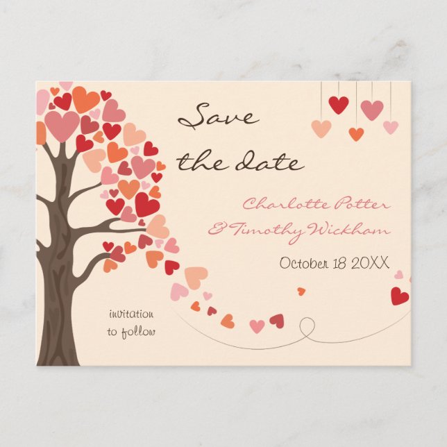 Carte Postale Faire-part Arbre d'amour coeurs mariage à retenir la date (Devant)