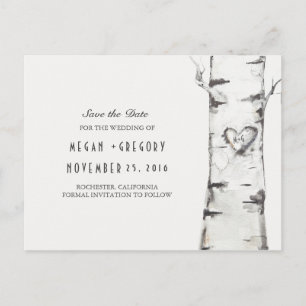Carte Postale Faire-part arbre de bouleau bois rustique coeur save the date