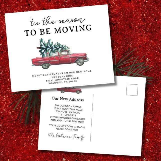 Carte Postale Faire-part Arbre de Noël à Voiture Rouge Rétro Nouvelle Maiso (Christmas Tree Red Car Holiday Moving Announcement Postcard)