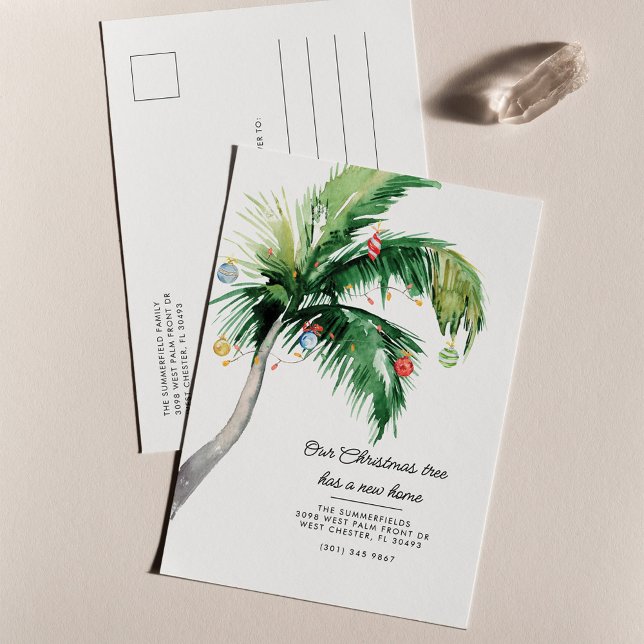 Carte Postale Faire-part Arbre de Noël en palmier mobile (Palm Tree Coastal Home Christmas Moving Holidays Announcement Postcard)