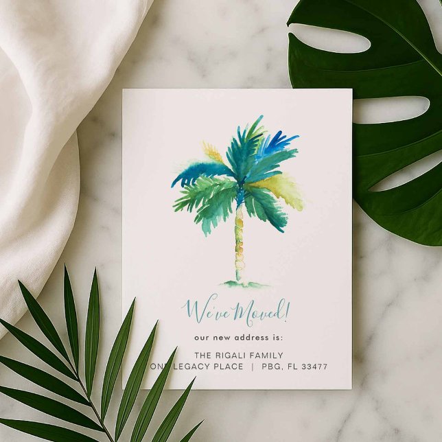 Carte Postale Faire-part Arbre de palmier à l'aquarelle tropicale Changemen (New address moving announcement postcard designed with watercolor palm tree art )