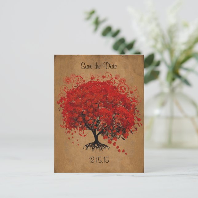 Carte Postale Faire-part Arbre Rouge Mariage Date à Sauvegarder (Debout devant)
