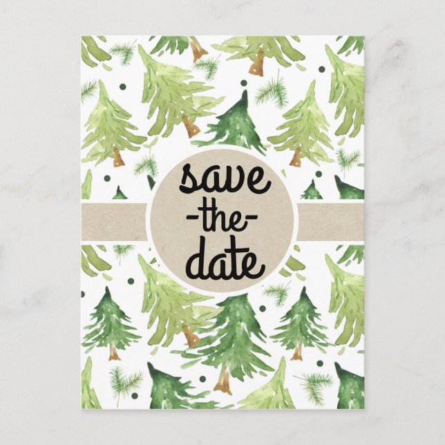 Carte Postale Faire-part Arbres de pin à l'aquarelle Kraft Rustique Épargne (Devant)