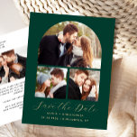 Carte Postale Faire-part Arc d'or vert émeraude à 4 photos Enregistrer la d<br><div class="desc">Cette carte postale simple et minimaliste Save the Date présente un collage photo en forme d'arc de trois photos au-dessus des mots "Save the Date" dans un élégant script d'écriture dorée, suivi des noms du couple, date mariage et ville en sans serif police sur un arrière - plan vert émeraude....</div>