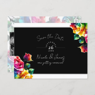 Carte Postale Faire-part Arc-en-ciel Rose noir & blanc Floral Enregistrer l