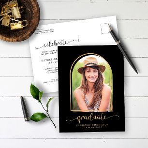 Carte Postale Faire-part Arc moderne Black Gold Photo Graduation