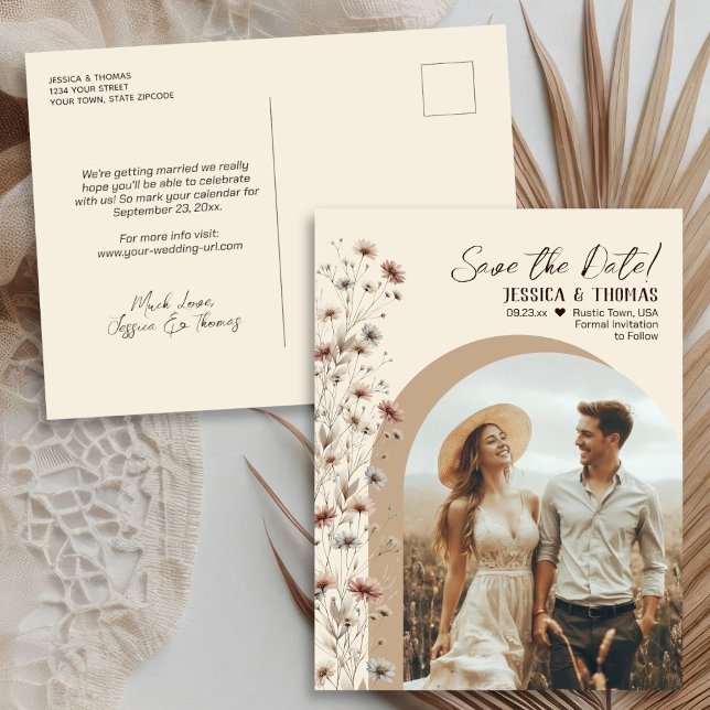 Carte Postale Faire-part Arche de Fleurs Sauvages Bohème Photo Mariage Save (Back/Front)