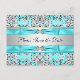 Carte Postale Faire-part Argent Bleu turquoise Enregistrer la date