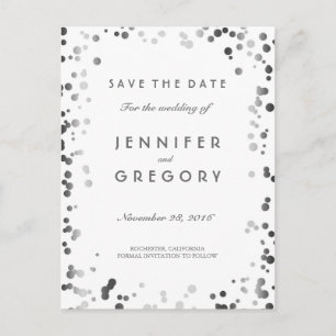 Carte Postale Faire-part Argent Confetti Blanc Élégant Enregistrer la date
