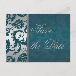 Carte Postale Faire-part Argent et Damas Turquoise Enregistrer la date Cart