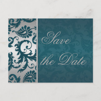 Carte Postale Faire-part Argent et Damas Turquoise Enregistrer la date Cart