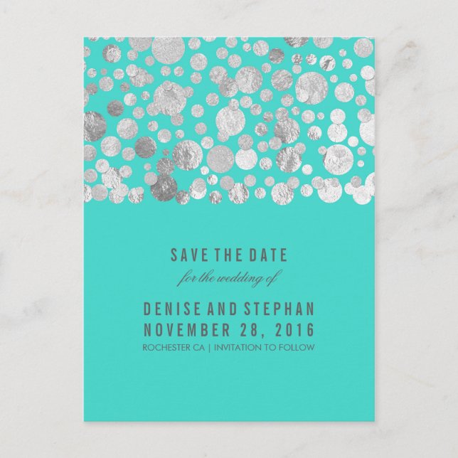 Carte Postale Faire-part Argent Foil Confetti Turquoise Enregistrer la date (Devant)