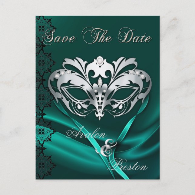 Carte Postale Faire-part Argent Masquerade Bijou Turquoise Enregistrer La D (Devant)
