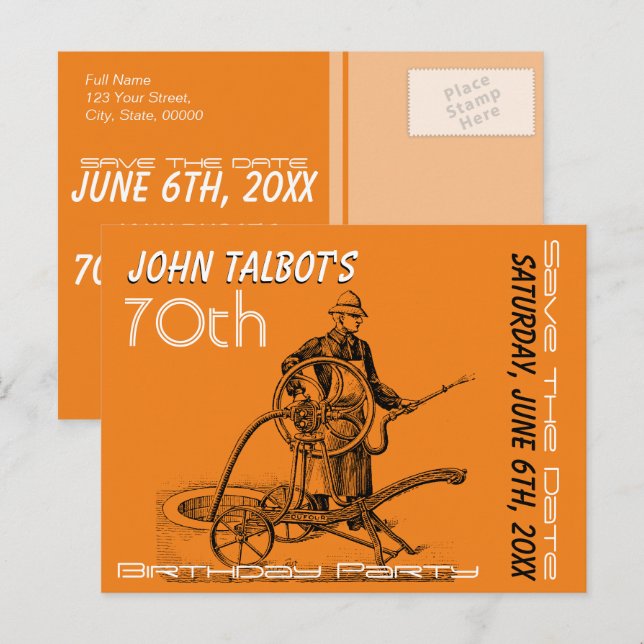 Carte Postale Faire-part Arroseur ou pompier 70e anniversaire Enregistrer l (Devant / Derrière)