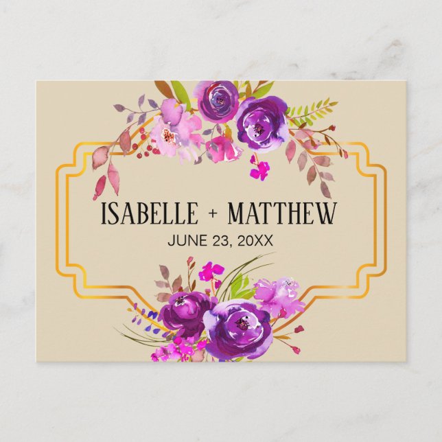 Carte Postale Faire-part Art Déco Fleurs Violettes Aquarelle Économisez la  (Devant)