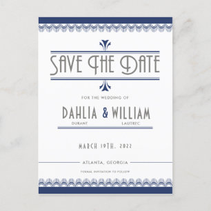 Carte Postale Faire-part Art Déco Vintage Blanc Bleu Marine Save the Date
